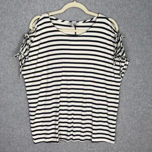 Green Envelope Shirt Large Blue White Striped Cold Shoulder Tie Soft Everyday